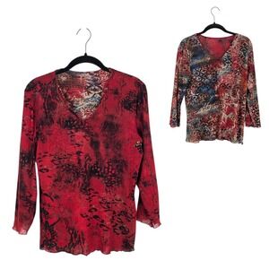 Reversible Red Mesh Top 3/4 Sleeve V-Neck Asian Abstract Whimsigoth 90s Y2K